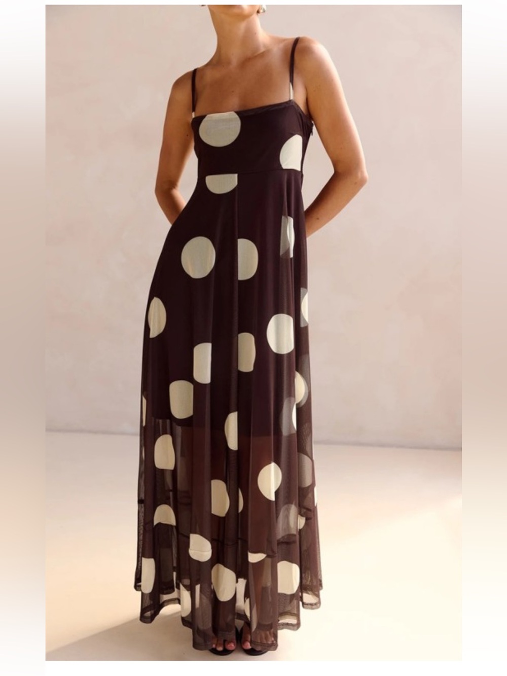 NWT! Polka Dot Spaghetti Strap Maxi Dress in Brown and Cream